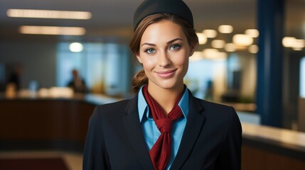 Fototapeta premium Beautiful flight assistant in uniform standing near check in counter, Hostess at airport.