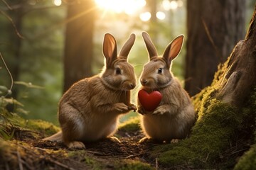 Two affectionate rabbits in a natural setting, clutching a heart-shaped wooden token. Generative AI - obrazy, fototapety, plakaty