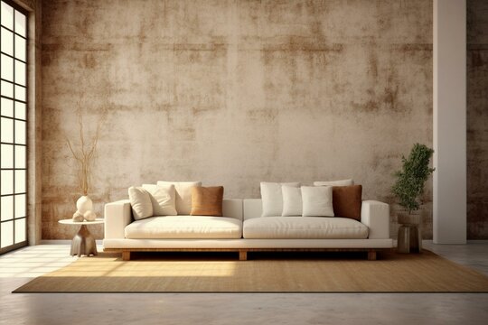 Neutral-toned couch in warm living space with empty area for placeholders, digitally created. Generative AI