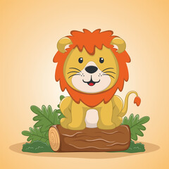Illustration of a lion sitting above a tree on a white background, Vector illustration. T-Shirt Design for children. Design elements for kids.