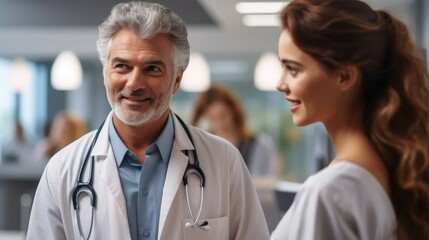 Senior male doctor discussing something with female patient in hospital corridor.