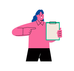 Business woman holding or showing a blank clipboard. Flat vector illustration isolated on white background