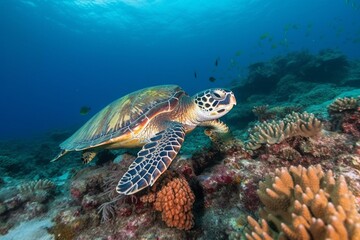 Naklejka na ściany i meble Stunning sea turtle exploring vibrant coral reefs. Generative AI