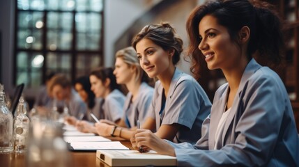 Nursing or medical students listening to professor in lecture hall.