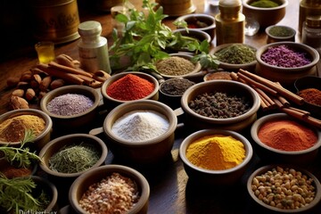 Assorted spices and herbs displayed on a table with bowls of various flavors. Generative AI