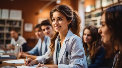 Nursing or medical students listening to professor in lecture hall.