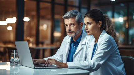 Medical team of two professional doctors talking and using laptop. Senior male chief physician and Female Doctor discussing patient diagnosis in hospital.