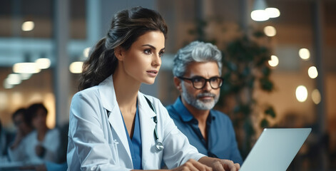 Medical team of two professional doctors talking and using laptop. Senior male chief physician and Female Doctor discussing patient diagnosis in hospital.