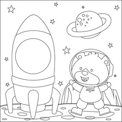 Cute lion astronaut with rocket on the planet. Vector hand-drawn coloring children's illustration. Creative vector Childish design for kids activity colouring book or page.