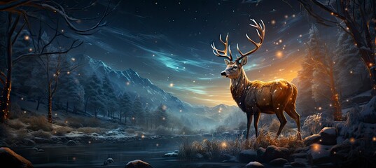 Christmas winter landscape with snow drifts, mountain village, deer, forest, pines, reindeer. Holiday nature background with fox, hills, houses.