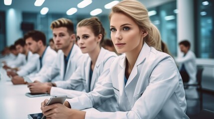 Fototapeta premium Confident Medical students sitting at desk and listening to the lecture in medical training class.