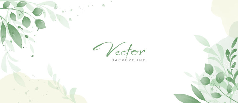 Horizontal watercolor abstract vector background with green branches and leaves.