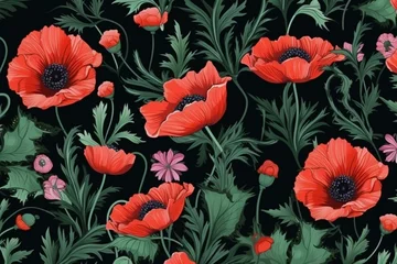 Draagtas Pattern with red poppies, green leaves, buds, ladybugs. Natural design on black for textile, wrapping paper, wallpaper. Generative AI © Kiernan