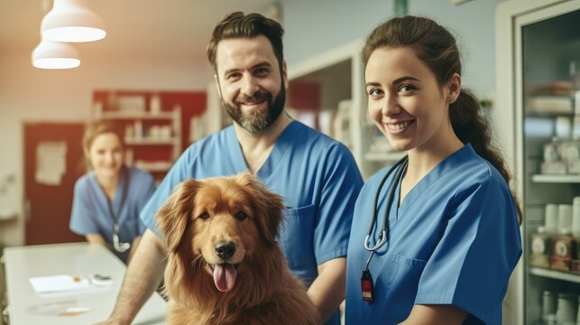 Team of happy veterinarians at animal hospital.