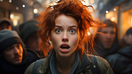 Shocked or embarrassed woman with red hair in a crowd - obrazy, fototapety, plakaty