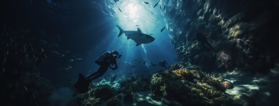 scuba drivers through tunnel under the ocean with fish and dangerous killer shark undersea life wonders around them as wide banner design with big copyspace area
