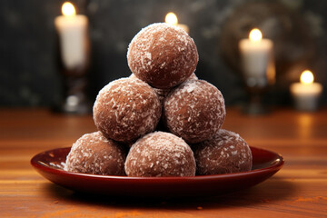 Yummy chocolate laddu served in a plate, Indian sweet