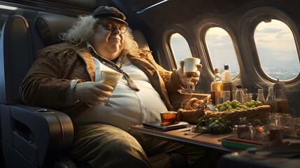 Overweight rich man feasts and drinks aboard a private jet. An indulgent and gluttonous lifestyle of the affluent - obrazy, fototapety, plakaty