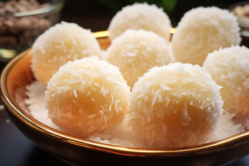 Indian sweet Nariyal laddu or coconut sugar sweet balls made with condenced milk - obrazy, fototapety, plakaty