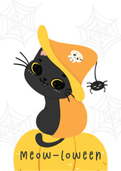 Cute black cats witch on pumpkins, happy Halloween humorous cartoon animal.