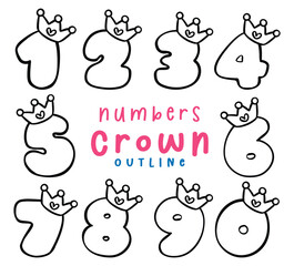 Cute number with crown 0-9 outline Collection for Kids Doodle Illustration.