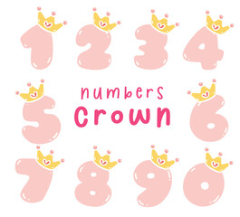 Cute number with crown 0-9 Collection for Kids Doodle Illustration.