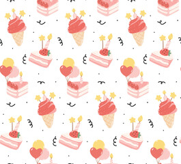 Cute seamless birthday bekery cake pattern illustration isolated on white background. Ideal for invitations, cards, festive occasions, and more.