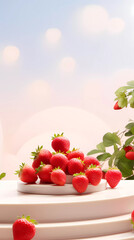Empty podium on light architectural background surrounded by ripe strawberries. Abstract background with minimalist style for product brand presentation. Advertising cosmetic from strawberries 