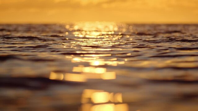 rippled water surface on the sea during sunset golden hour close-up.