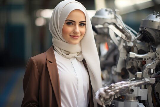 Young smart and smiling female wear Hijab are working with a ABB industrial robot at factory.