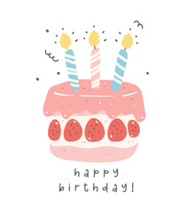 cute and kawaii pink pastel birthday cakes cartoon drawing. Perfect for joyful events and cheerful celebrations and greeting card.
