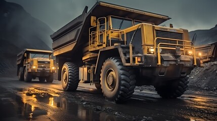 large dump truck for quarries. At the job site is a large yellow mining truck. Coal being loaded into a truck body. manufacture of valuable minerals,
