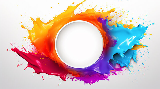 White Round Frame Surrounded By A Swirl Of Liquid Multicolored Paint, Ink. Copy Space Background, Isolated On White Background