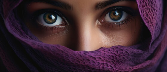 Naklejka premium Close up portrait of young Woman muslim in purple burqa with hidden face. female purple eyes and face covered. Oriental girl in burqa. Straight look, expressive eyes, close-up portrait. Generative ai