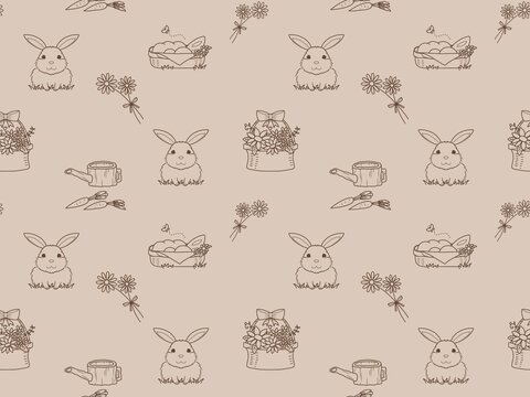 ウサギと花のシームレスパターン②