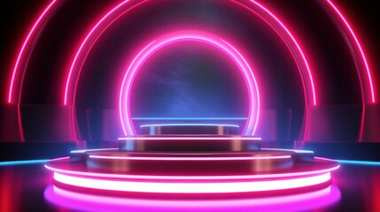 Glowing futuristic product display stand podium background. Sci-fi abstract room with glowing neon lighting.