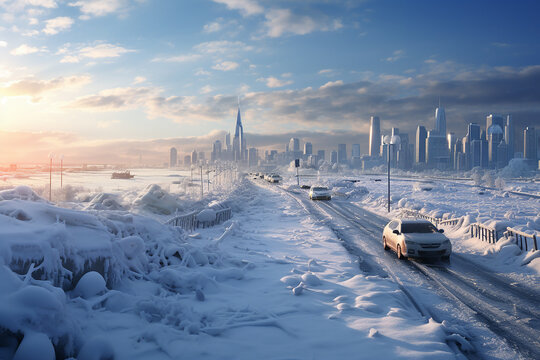 Generative AI Image of Cityscape in Snow Season with Cars on City Street