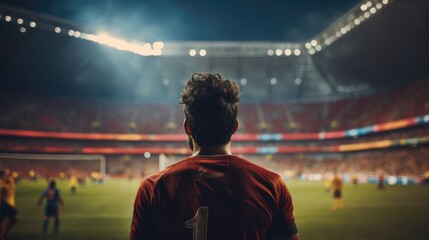 Back view of footballer standing in front of a huge stadium filled full of fans. Generative AI