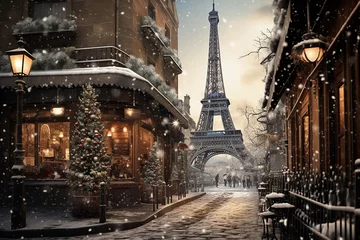 Stof per meter Generative AI Image of Eiffel Tower with Winter Snow in Bright Day © heartiny