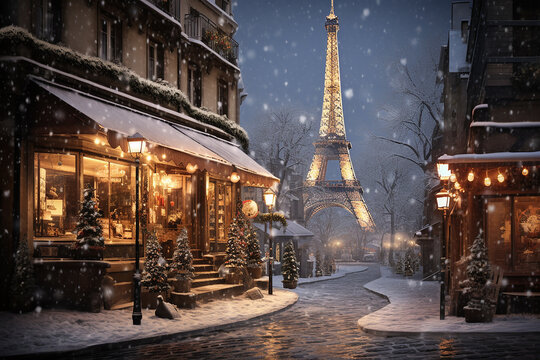 Generative AI Image of Eiffel Tower with Snow in Winter at Night