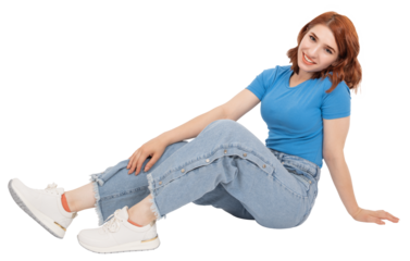 Sitting floor posing, full body photo charming pretty young lady sitting floor posing. Wear casual relax clothes, looking camera have good mood isolated transparent png image. Satisfied girl.