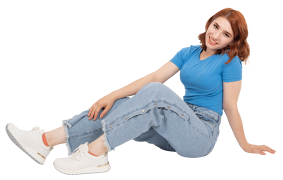 Sitting floor posing, full body photo charming pretty young lady sitting floor posing. Wear casual relax clothes, looking camera have good mood isolated transparent png image. Satisfied girl.
