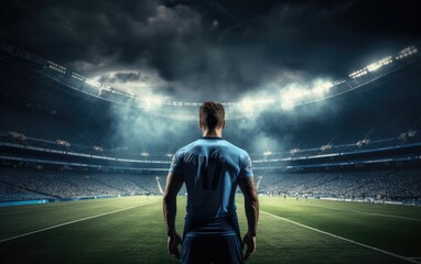 Back view of footballer standing in front of a huge stadium filled full of fans. Generative AI