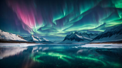 the aurora borealis above the ice glacier are behind the pointed snow peaks - obrazy, fototapety, plakaty