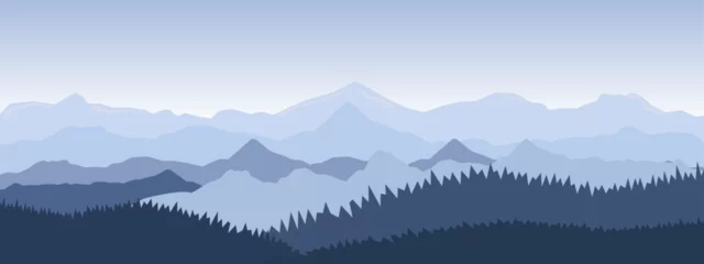 Poster Vector of beautiful mountain landscape in dark blue colors. Morning in mountains with Sunrise and sunset, mountains in fog in blue colors, flat style. © Jer