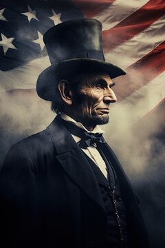 Abraham Lincoln portrait. United States of America flag in background. Generative Ai