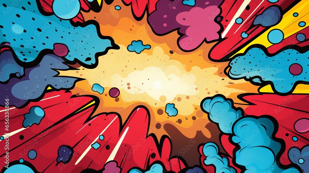 Poster colorful and playful comic-style abstract background with geometric shapes and patterns