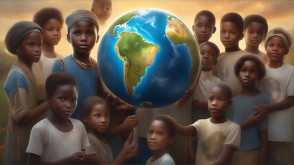 International Day of Peace concept. African Children holding earth globe. Group of African children holding planet earth planet earth over defocused nature background with copy space.digital ai - obrazy, fototapety, plakaty