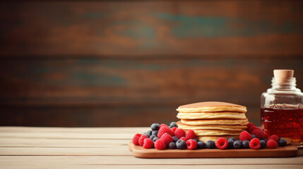 Pancakes with berries on a wooden table on a blurred background