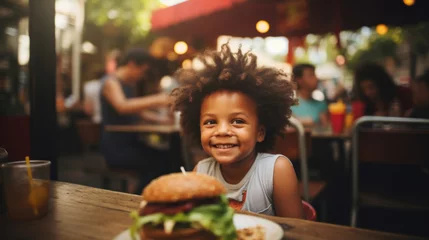 Fotobehang Happy boy in a street cafe with burger © tashechka